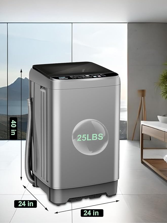 25 lbs Full Automatic Washing Machine with LED Display Compact Washing Machine with Drain Dump, 10 Wash Programs and 8 Water Levels Ideal for Dorms, Apartments, RV, Grey