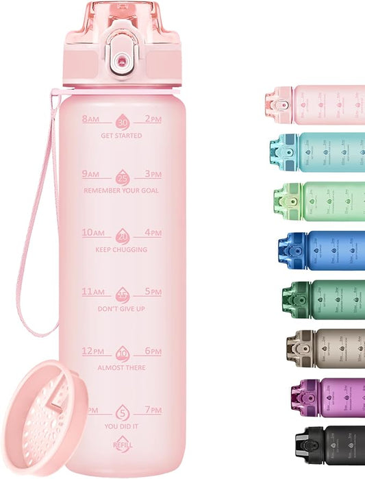 32oz Motivational Water Bottles with Time Marker & Fruit Strainer, Transparent Gradient Color Water Bottle with Times to Drink, Leakproof & BPA Free, Reusable Bottle with Strap (No Straw)