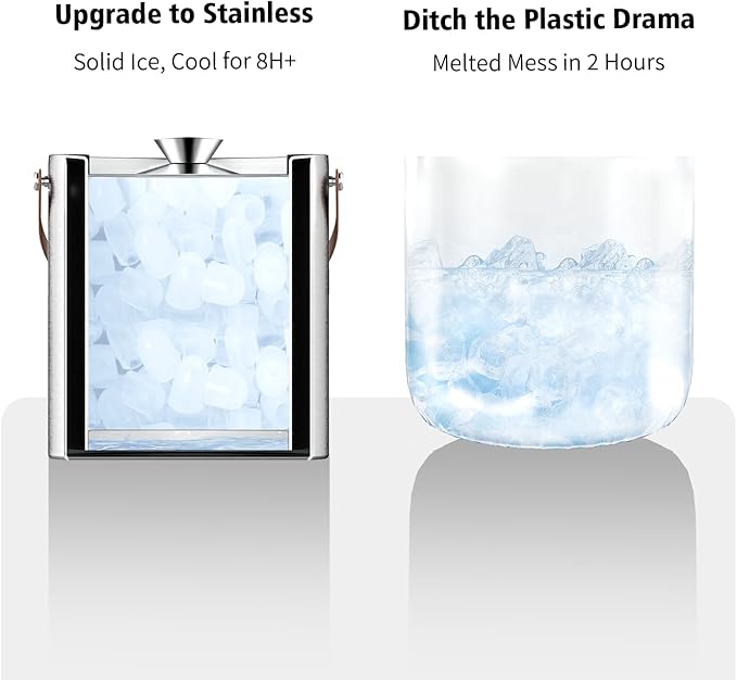 3L Double Wall Ice Bucket with Silicone Lid, Tongs & Scoop Insulated Ice Buckets for Parties & Cocktail Bar,[Silicone Lid for Longer Ice] Large Wine Bar Bucket Stainless Champagne Chiller