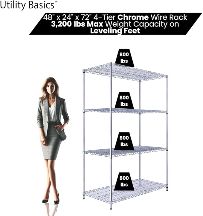 48"x24"x72" Chrome Premium Metal Steel Wire Shelving 4-Tier NSF 3200 LBS MAX Capacity Heavy Duty Storage Rack for Garages, Commercial Spaces, Hospitals, & Schools w/Premium Wheels