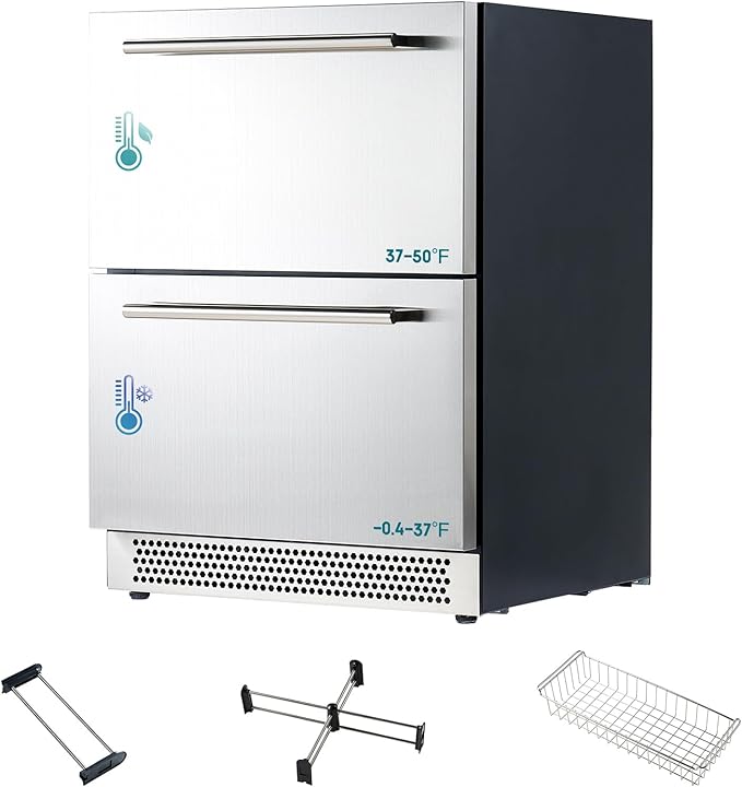 Albott 24 Inch Under Counter Drawer Fridge – Stainless Steel Dual-Zone Beverage Refrigerator with LED Touch Control, Adjustable Storage, Frost-Free, Low Noise, 37℉-50℉, -0.4℉ to 37℉