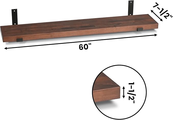 CONSDAN Floating Shelves for Wall Mounted Book Shelf Hanging Shelves Floating Bookshelf for Bedroom, Bathroom, Living Room, Kitchen USA Grown Solid Hardwood, Dark Maple 60x7.5x1.5 in (Set of 2)