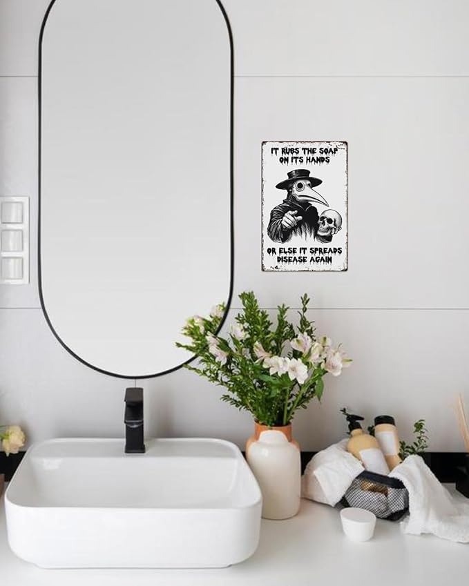 ALKB Halloween Bathroom Decor 8 x 12 Inch - Goth Plague Doctor Metal Tin Sign,Gothic Lovers Gifts,IT RUBS THE SOAP ON ITS HANDS