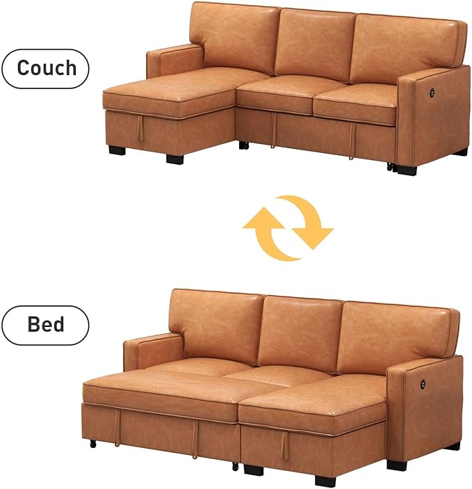 EBELLO Convertible Sleeper Sofa 3 in 1, Faux Leather Modern L-Shaped Couches for Living Room, Pull Out Sectional Futon Sofa Bed with Storage Space, USB Ports and Cup Holders for Bedroom, Brown