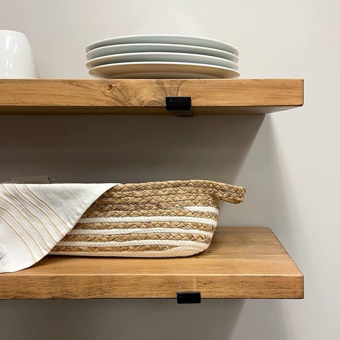 Rustic Shelves with J-Brackets Set of 2, Industrial Shelf, Kitchen Shelves, Solid Wood, Decorative Wall Storage, Heavy Duty, URBANDI (Brown, 12Wx10D)