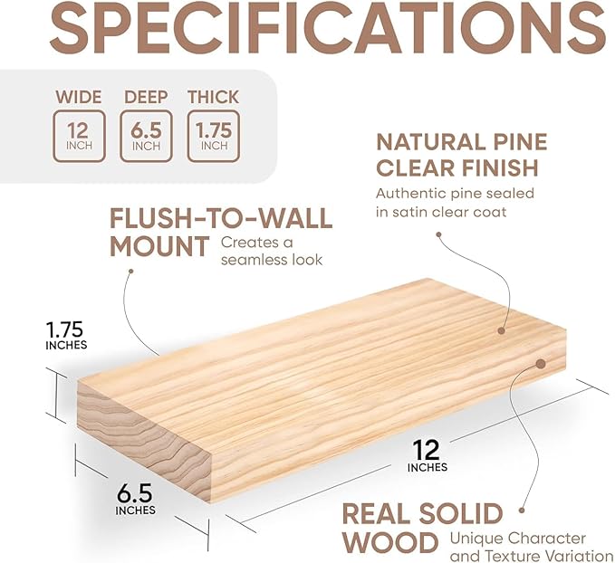 Homeforia 12 inch Natural Floating Shelf, High End Solid Real Wood 12inch Small Floating Shelves for Wall Mounted, Natural Wooden Floating Shelves, Heavy Duty Bracket, 12 X 6.5 X 1.75 in, Set of 2