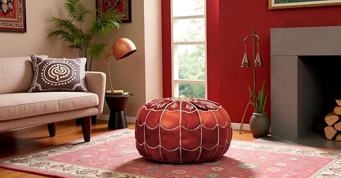 Stuffed Arch Design Moroccan Leather Pouf Ottoman, Handmade, Pre-Filled, 100% Genuine Leather, 14” Height x 22” Diameter – Boho Chic Footstool & Living Room Décor (Honey Cognac)