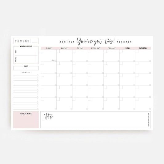 Bliss Collections Monthly Planning Pad, To Do List Notebook - Undated Tear-Off Sheets Notepad - Work Calendar, Organizer, Scheduler for Goals, Tasks - You've Got This (Pink), 12" x 18", 18 Sheets