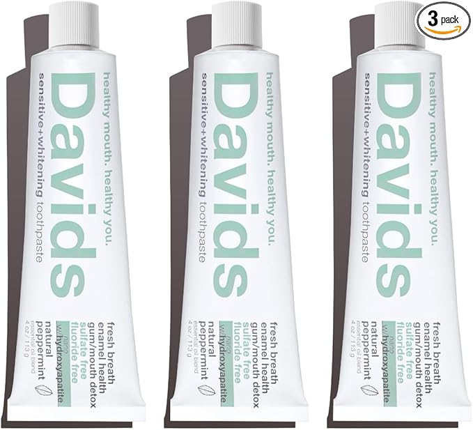 Davids Hydroxi™ Fluoride Free Nano Hydroxyapatite Toothpaste for Remineralizing Enamel & Sensitive Relief, Whitening, Antiplaque, SLS Free, Natural Peppermint, 4oz, Made in USA (3 Pack)