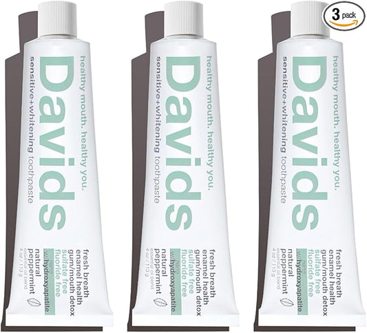 Davids Hydroxi™ Fluoride Free Nano Hydroxyapatite Toothpaste for Remineralizing Enamel & Sensitive Relief, Whitening, Antiplaque, SLS Free, Natural Peppermint, 4oz, Made in USA (3 Pack)