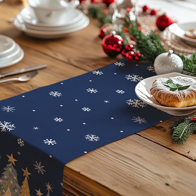 GEEORY Christmas Table Runner 13x90 Inch, Xmas Trees Snowflakes Holiday Decorative Farmhouse Table Decoration for Kitchen Dinning, Indoor Outdoor Dinner Party Decor (Blue) GT151-90