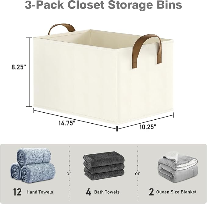 Closet Storage Bins, Fabric Closet Organizers and Storage Basket for Shelves, Collapsible Shelf Baskets for Organizing Shelves, Bedroom Clothes Basket, Beige, 3 Pack