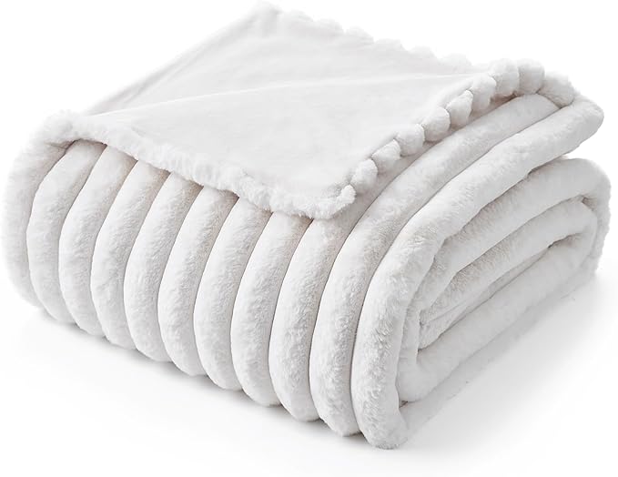 Amélie Home Faux Fur Throw Blanket for Couch, Cozy Fuzzy Fluffy Fur Luxurious Soft Striped Plush Gift Blankets for Family Sofa Chair Bed Living Room Bedroom, 60"x80", Ivory