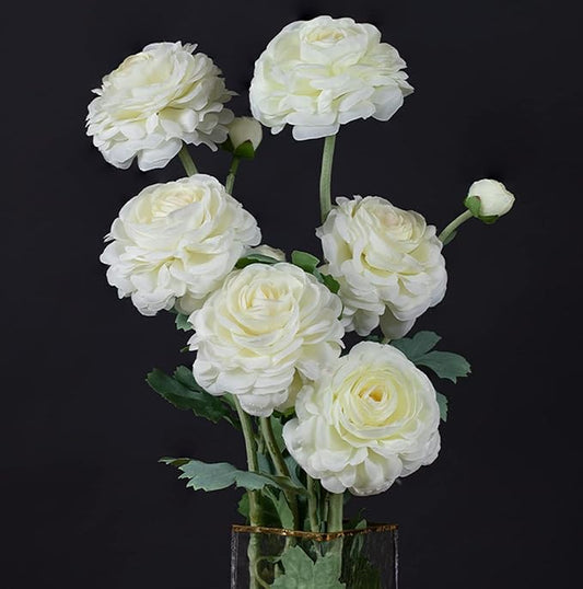 Artificial Ranunculus Long Stem Buttercup Silk Flowers 6pcs for Home Decor and Wedding Decorations(White 1)