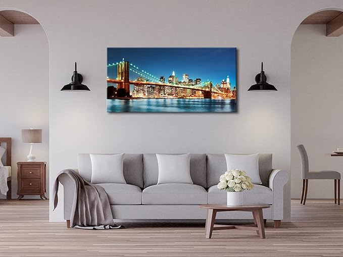 Pyradecor Large Modern New York Cityscape Canvas Wall Art Brooklyn Bridge Night View Canvas Prints Stretched Landscape Pictures Paintings Artwork for Living Room Home Decorations L