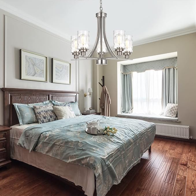 BONLICHT 5 Light Modern Chandeliers Brushed Nickel Kitchen Island Dining Room Lighting Fixtures Ceiling Hanging Clear Hammered Glass Pendant Lamp Transitional Pendant Lights for Living Room Foyer