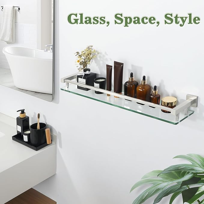 Alise Bathroom Shelf Wall Mounted, Brushed Nickel Large Capacity Glass Shelf for Bathroom, 24 inch