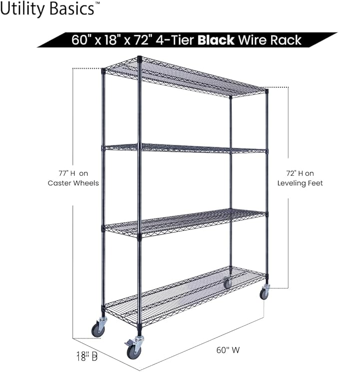 60"x18"x72" Black Premium Metal Steel Wire Shelving 4-Tier NSF 3200 LBS MAX Capacity Heavy Duty Storage Rack for Garages, Commercial Spaces, Hospitals, & Schools w/Premium Wheels