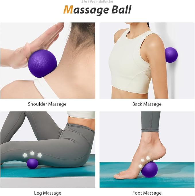 5 in 1 Foam Roller Set for Deep Tissue Muscle Massage, High Density Trigger Point Fitness Patented Exercise Foam Roller, Massage Roller, Massage Ball, Resistance Band, for Whole Body(Purple)
