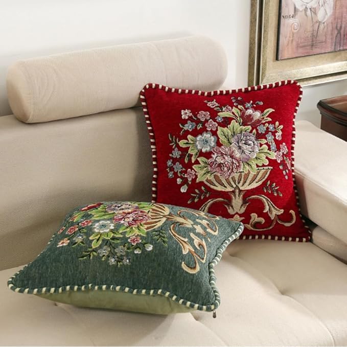 Set of 2 Blue Vintage Embroidered Throw Pillows Covers 18x18in，Vintage Decorations Floral Embroidered Cushion Cover for Sofa Couch Bed Chairs Car