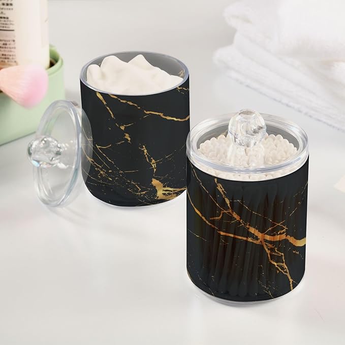 2 Pack Qtip Holder Organizer Dispenser Gold Black Marble Texture Bathroom Storage Canister Cotton Ball Holder Container for Cotton Pads/Swabs/Floss