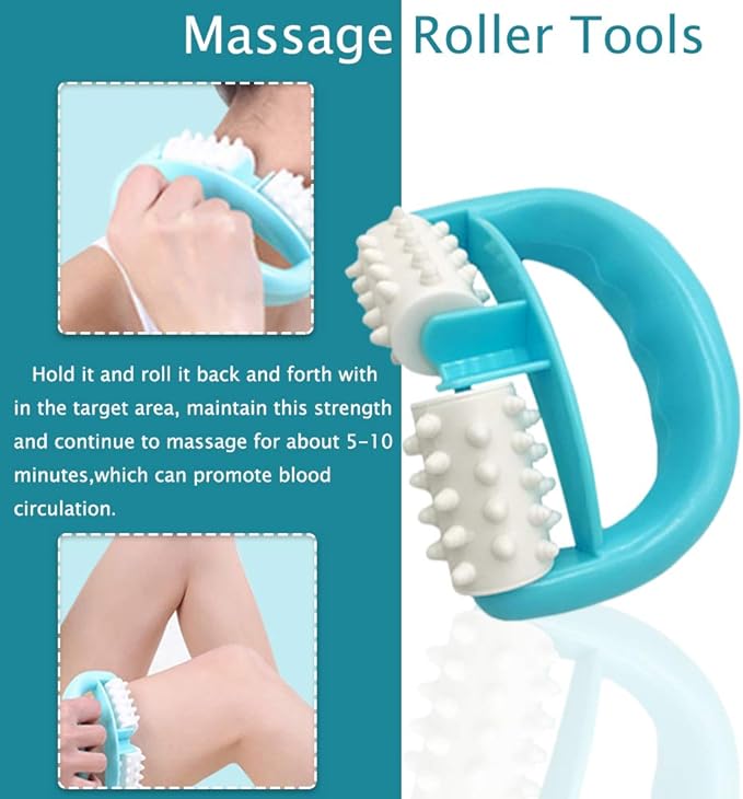Cellulite Massage, Manual Roller Massages with Two-Wheel Handle,Relax Muscles to Relieve Stress,Increases Blood Circulation,Apply to Arm/Shoulder/Leg/Back/Buttocks/Abdomen(Blue)