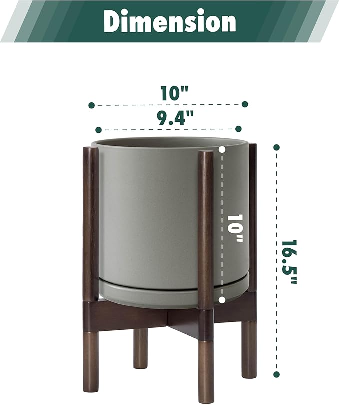 D'vine Dev Ceramic Planter with Walnut Color Stand - 10 Inch Modern Round Flower Pot with Wood Planter Holder, Grey, 55-B-X-3