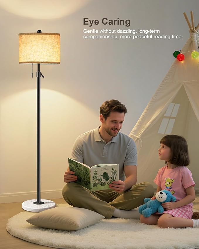 Floor Lamp for Living Room - Adjustable Height Standing Lamp with Marble Base & Linen Shade - Tall Pole Floor Light with 3 Color Temperatures Bulb for Bedroom, Reading - Easy Assembly