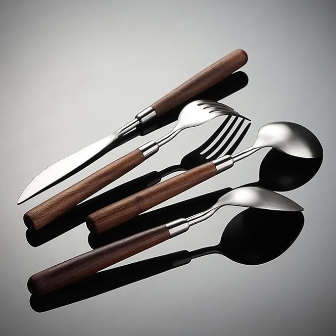 Wood Silverware Set for 6 GULSARAYI Cutlery Set 18/8 Stainless Steel Flatware Set with Walnut Handle 24 Piece Wooden Flatware Set Utensils Set for Home Kitchen Restaurant Forks Spoons And Knives Set