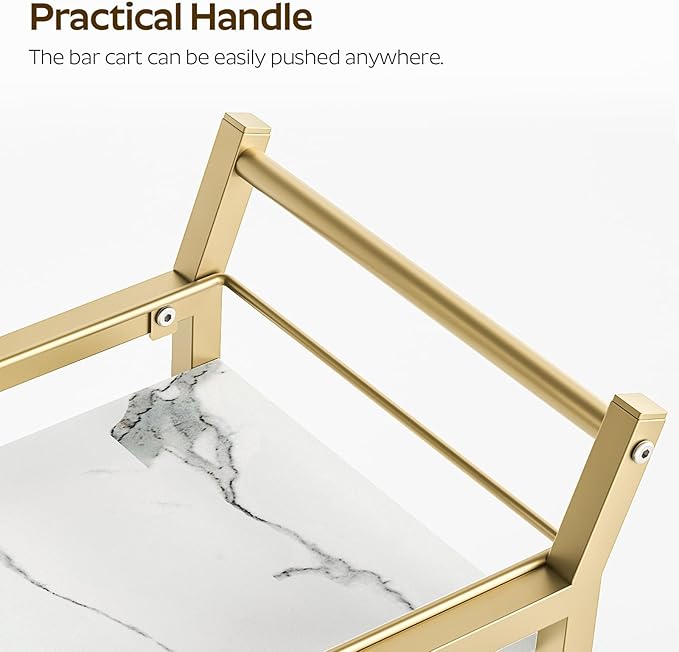 Bar Cart, Gold Bar Cart for The Home, Small Bar Cart on Wheels, Beverage Cart, Home Bar Serving Cart with Glass Holder, Drink Cart for Bar, Kitchen, Dining, Marble White and Gold BC03DW