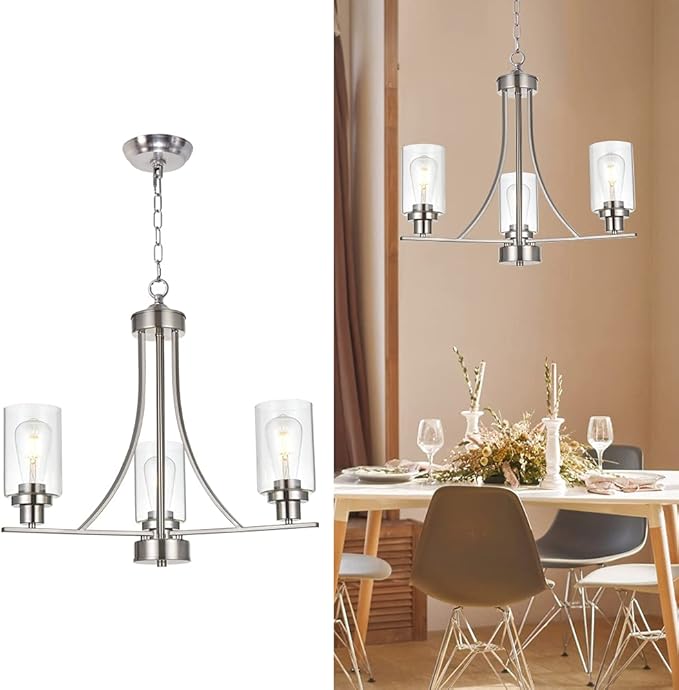 BONLICHT Contemporary Chandelier 3 Light Brushed Nickel Modern Lighting Fixtures Hanging Clear Glass Shades Pendant Light Classic Ceiling Lamp for Kitchen Dinging Room Living Room Bedroom Hallway