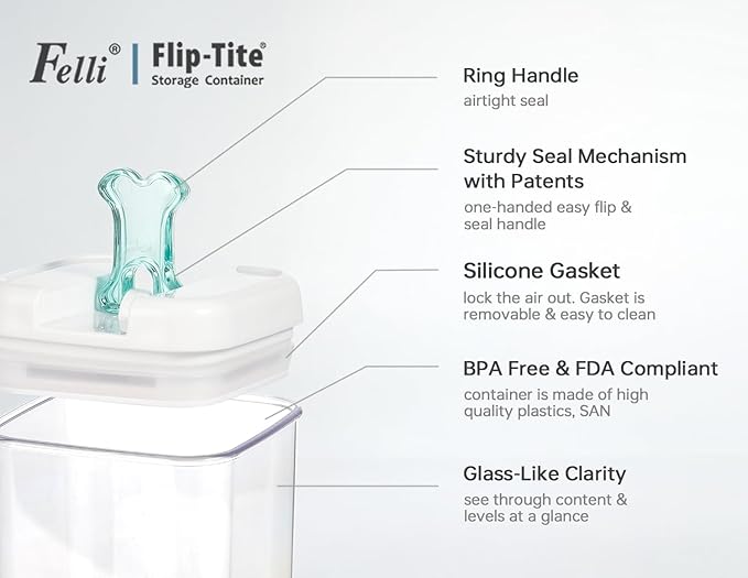 Felli Flip Tite Pet Food Container with Airtight Lids, BPA FREE Acrylic Canister with Paw Bone Fish Flip Top Handles for Cat Dog Kibble Treats Storage, Keep Fresh (Pet Collection Nest-L3pk)