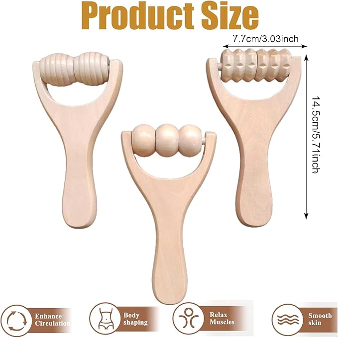 3Pcs Wooden Hand Massage Roller, Manual Wood Therapy Massage Tools Massager Roller for Relaxes Thigh, Leg, Hands Full Body Muscle Men Women Gift