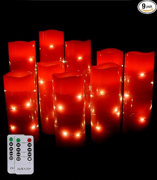 danip red flameless Candle, Built-in Star Cluster, 9 LED Candles, 11 Button Remote Control, 24-Hour Cycle Timer, Flashing Flame, Real Wax, Battery Powered. (Starry Sky Series)
