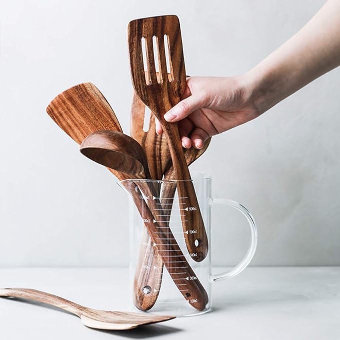 5 Pcs Best Wooden Spoons for Cooking Kitchen Utensils Set Acacia Wood Cooking Spatula Turner Non Toxic Utensil Slotted Serving Spoon Flat Spatulas Set Wooden Utensis Mixing Cooking Spoon Kitchen Tools