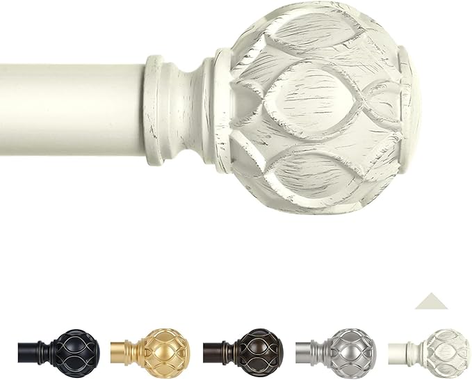 White Farmhouse Curtain Rods for Windows:18-45" Heavy Duty Adjustable Curtain Rod for Bedroom Living Room,Boho Decorative Rustic Drapery Rods with Vintage Coastal Texture Finials,Antique White