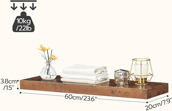 HOOBRO Floating Shelves for Wall, Wall Mounted Shelf Set of 2, 23.6" Hanging Shelf with Invisible Brackets, for Wall in Bathroom, Bedroom, Toilet, Kitchen, Living Room, Office, Rustic Brown BF60BJ01