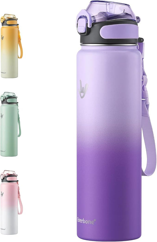 Enerbone 32 oz Insulated Water Bottle, Stainless Steel Bottle with Carrying Strap, Double-Wall Vacuum Insulation Design, Leakproof Sports Bottle with Straw, Keep Drinks Cold or Hot for Hours