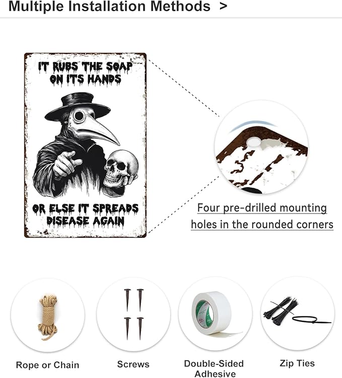 ALKB Halloween Bathroom Decor 8 x 12 Inch - Goth Plague Doctor Metal Tin Sign,Gothic Lovers Gifts,IT RUBS THE SOAP ON ITS HANDS