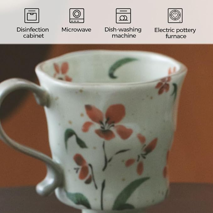 360ml -12.17oz Painted red Azalea Floral Ceramic Mug - Cute Coffee Cup for Latte,Espresso - Gift for Women, Dishwasher Safe