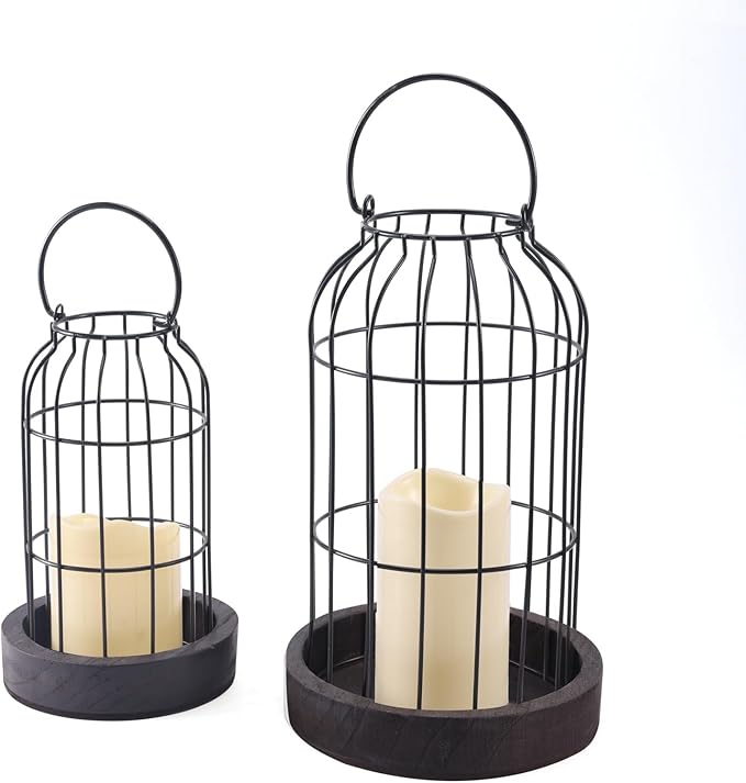 PHOSPHOR Rustic Farmhouse Decor Lantern Set of 2 Modern Farmhouse Decorative Indoor for Kitchen Fireplace Centerpiece Table Dinning Living Room