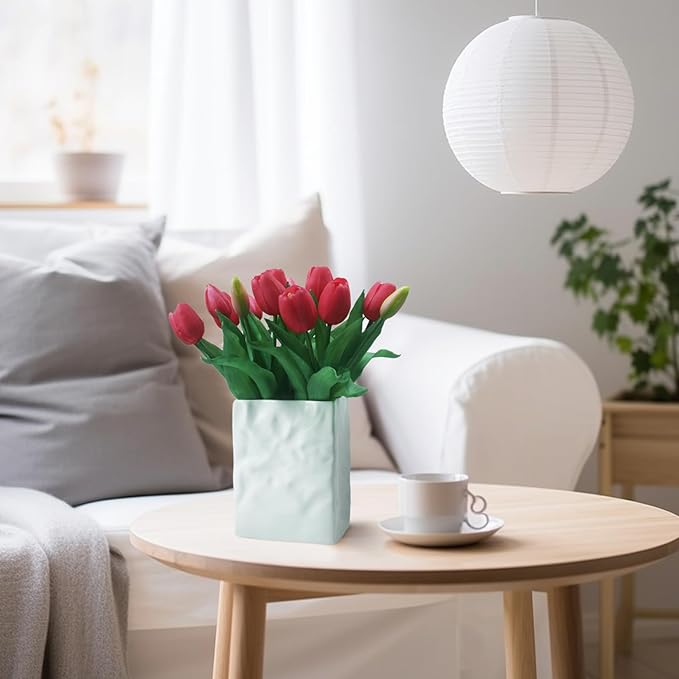 15pcs Artificial Tulips Flowers, Fake Tulips Real Touch, Faux Latex Bouquets, for Party Wedding Home Room Decoration (Rose Red)