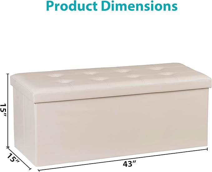 SUPER DEAL Folding Ottoman Bench with Storage, 43 Inch Padded Seat Footrest Shoes Bench for Bedroom Living Room Entryway, 660 lbs Capacity 43"x 15"x 15", Faux Leather, Beige