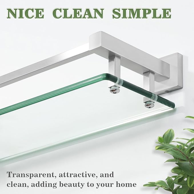 Alise Bathroom Shelf Wall Mounted, Brushed Nickel Large Capacity Glass Shelf for Bathroom, 24 inch