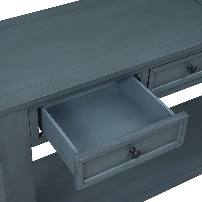 Solid Wood Console Table, Long Sofa Table Entryway Table with 4 Drawers and Bottom Shelf for Hallway Living Room Couch Table,Fully Assembled (63" Navy)