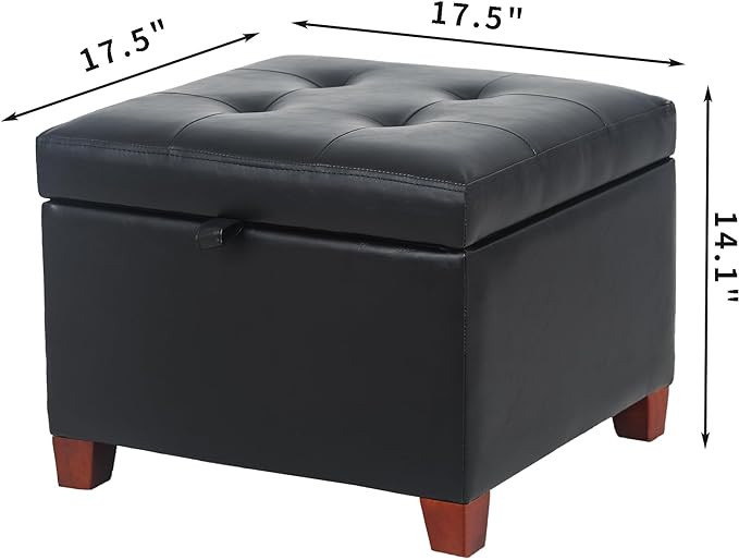 Adeco Faux Leather Storage Ottoman with Hinged Lid, 14 Inch High Black Square Cube Foot Stool with Storage, Upholstered Vanity Stool with Solid Wood Legs for Living Room, Bedroom, Dorm