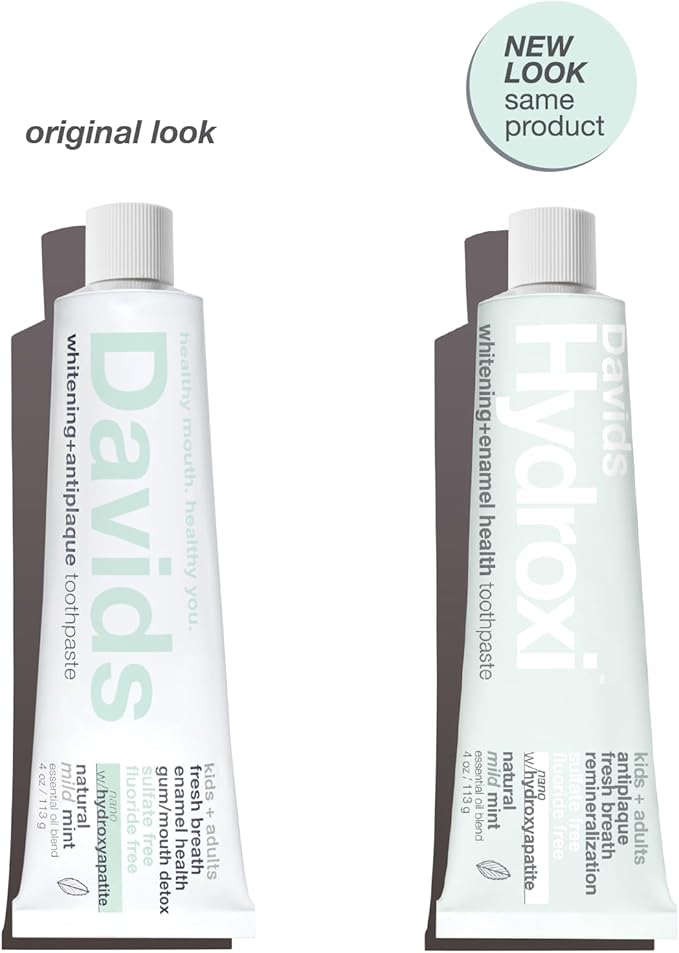 Davids Hydroxi Mild Mint Fluoride Free Nano Hydroxyapatite Toothpaste for Enamel Health & Whitening, Antiplaque, SLS Free, Kid Friendly Gentle Mint Flavor, 4 oz, Made in USA