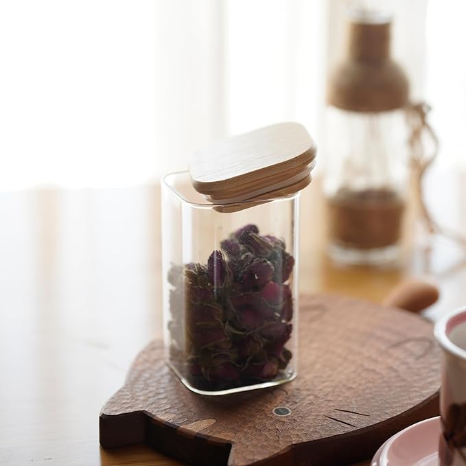 Glass Food Storage Jars Square 10oz, 12 Pack Glass Jars With Bamboo Lids, Kitchen Storage Containers For Spice, Candy, Cookie, Storage For Pantry Organizers