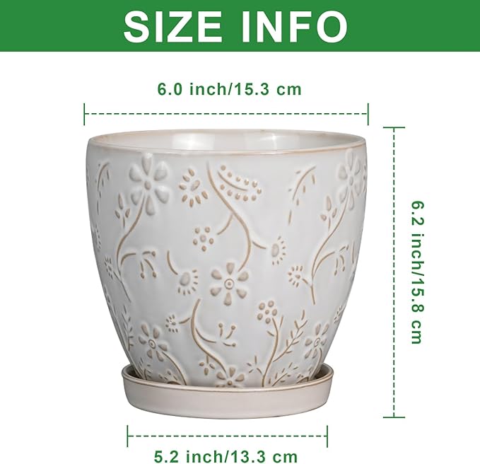 6 Inch Ceramic Plant Pot for Indoor Plants Outdoor Round Planter Flower Pot with Drainage Hole and Saucer for Home Garden Office Decor White