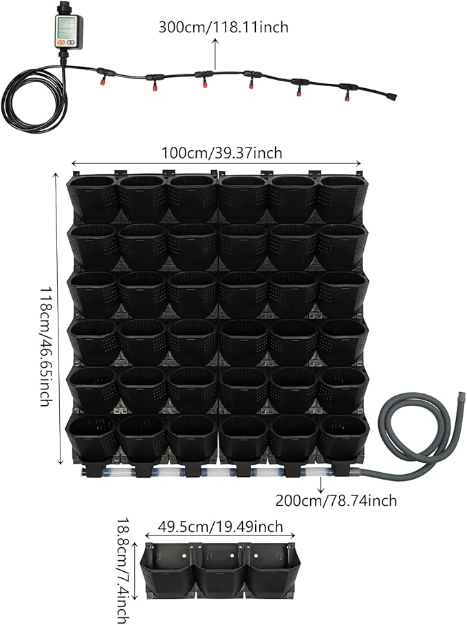 36 Pockets Hanging Planter Bags, Vertical Wall Mounted Plant Planting Grow Bags, Stackable Wall Planter with Timer, Self Watering Hanging Planters for Outdoor Indoor Garden-Black